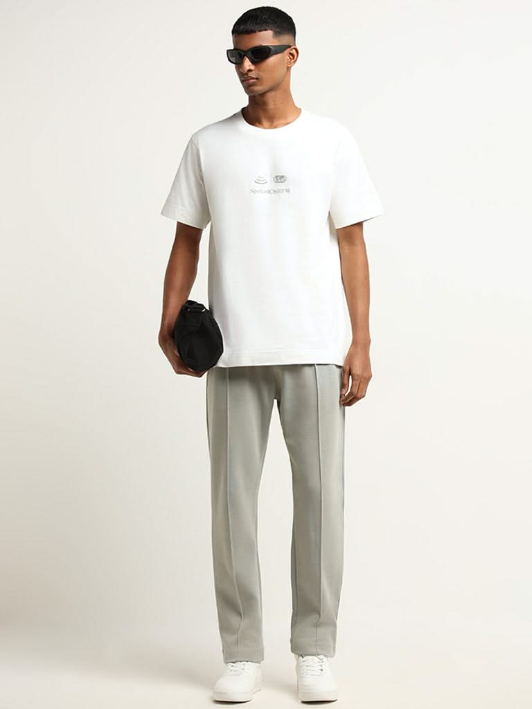 Studiofit Off-White Printed Cotton Relaxed Fit T-Shirt