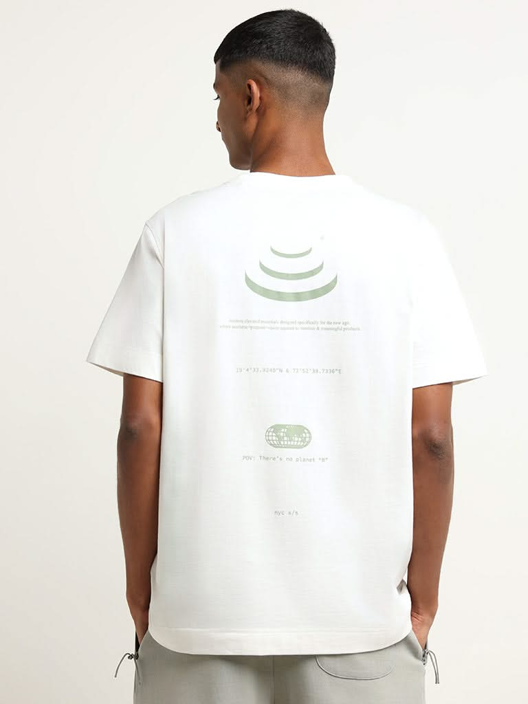 Studiofit Off-White Printed Cotton Relaxed Fit T-Shirt