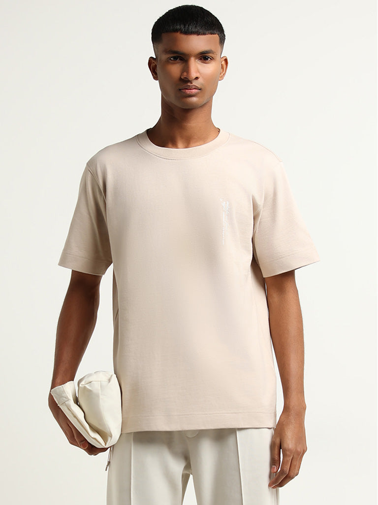 Studiofit Beige Printed Cotton Loose Fit T-Shirt