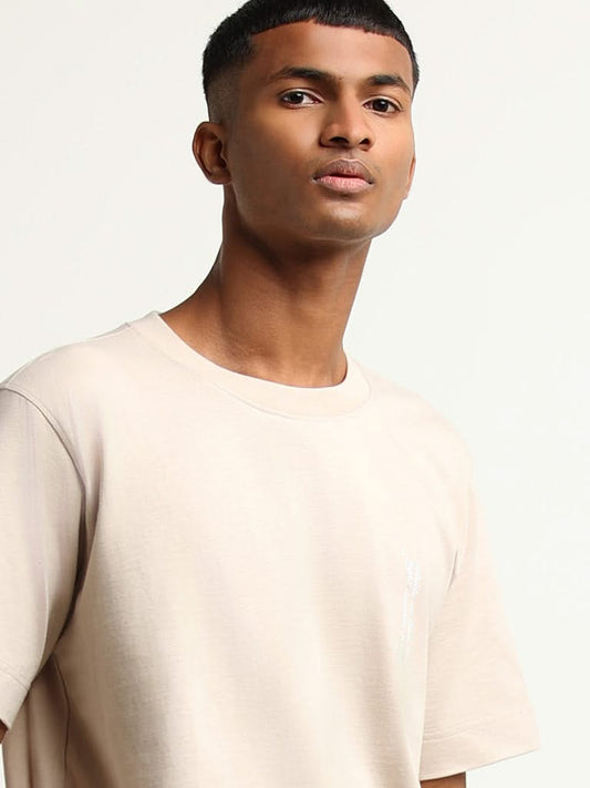 Studiofit Beige Printed Cotton Loose Fit T-Shirt