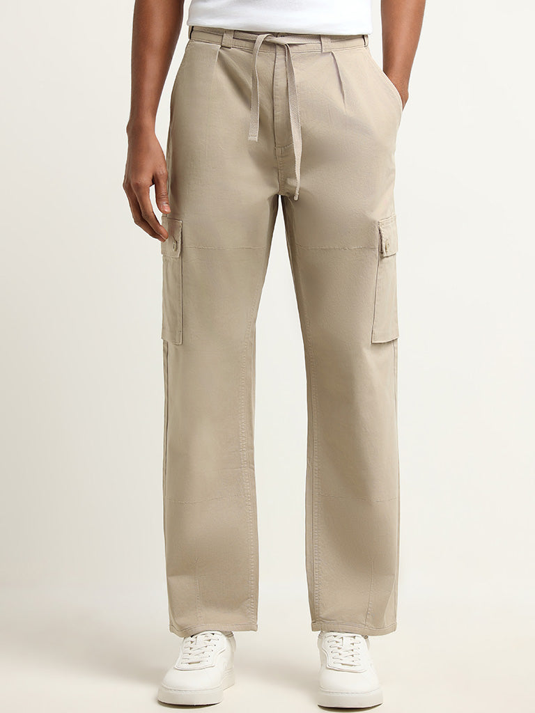 Nuon Beige Mid Rise Cotton Blend Relaxed Fit Cargo Pants