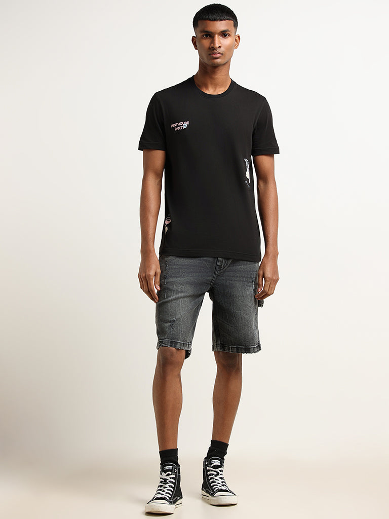 Nuon Black Cotton Slim Fit T-Shirt