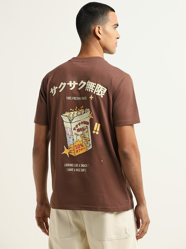 Nuon Brown Printed Cotton Slim Fit T-Shirt