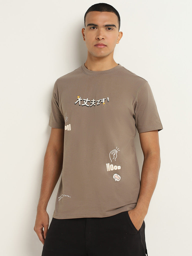 Nuon Brown Printed Cotton Slim Fit T-Shirt