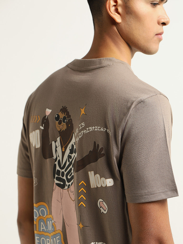 Nuon Brown Printed Cotton Slim Fit T-Shirt