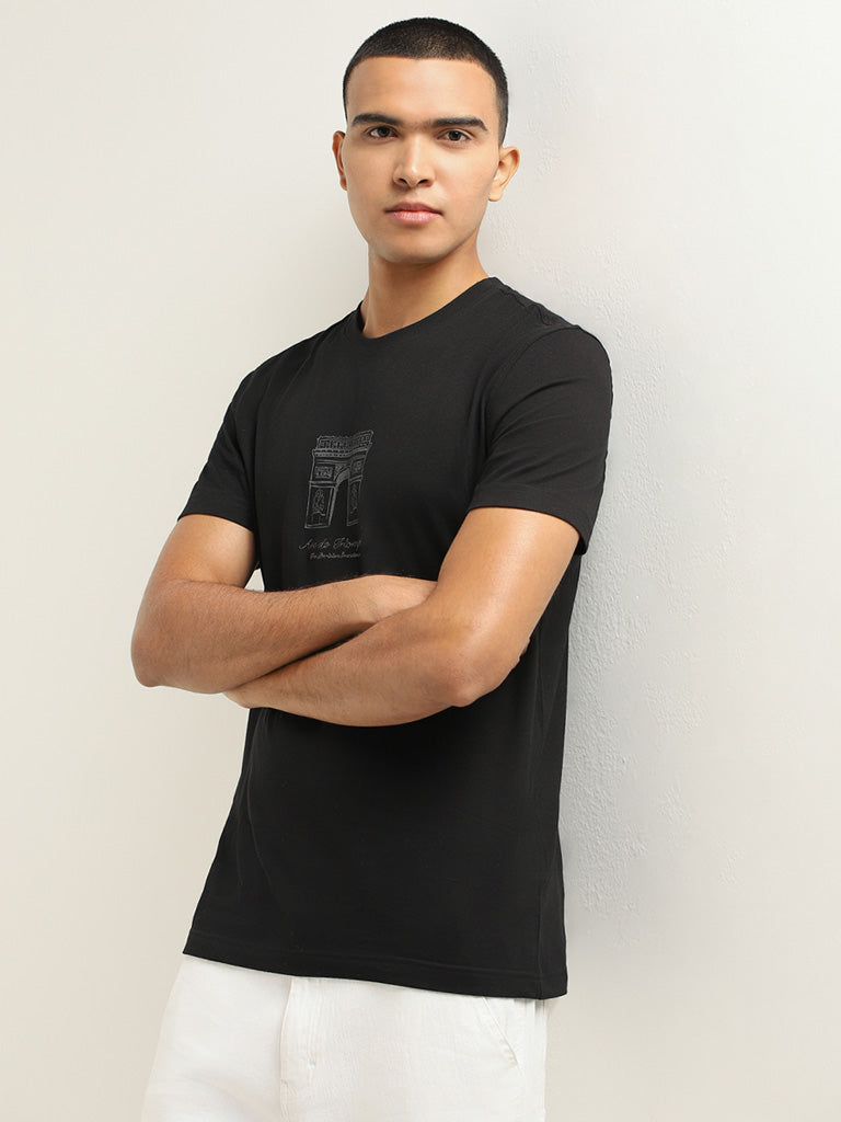 Nuon Black Printed Cotton Slim Fit T-Shirt