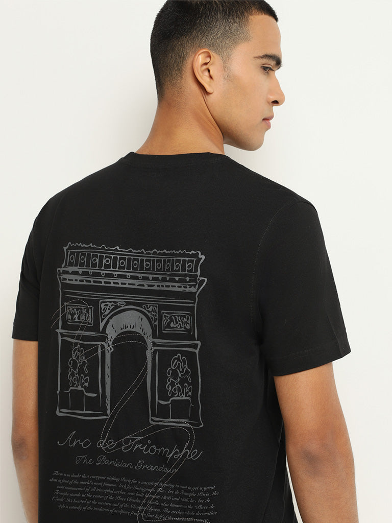 Nuon Black Printed Cotton Slim Fit T-Shirt