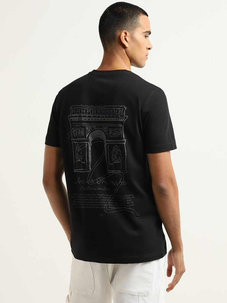 Nuon Black Printed Cotton Slim Fit T-Shirt