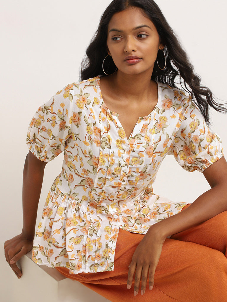 LOV Orange Floral Cotton Peplum Top