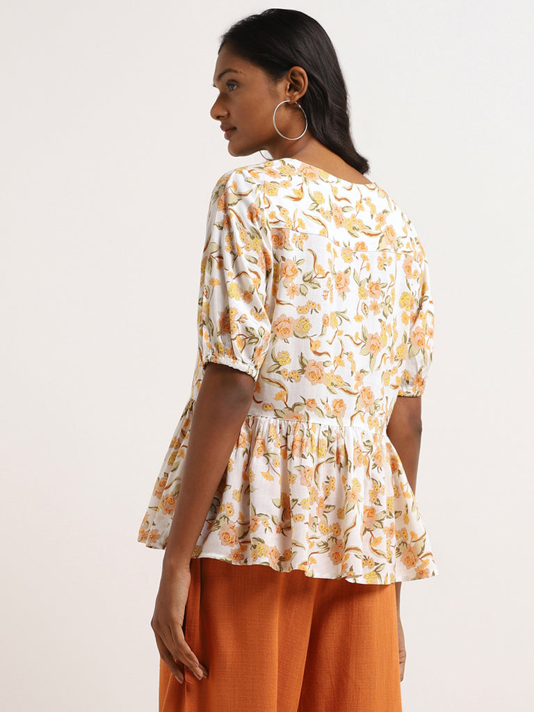 LOV Orange Floral Cotton Peplum Top