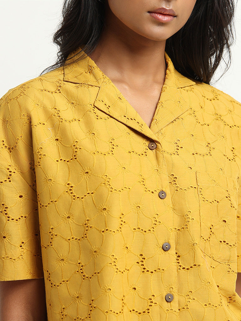 LOV Mustard Eyelet Embroidered Cotton Shirt