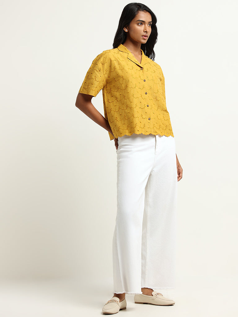 LOV Mustard Eyelet Embroidered Cotton Shirt