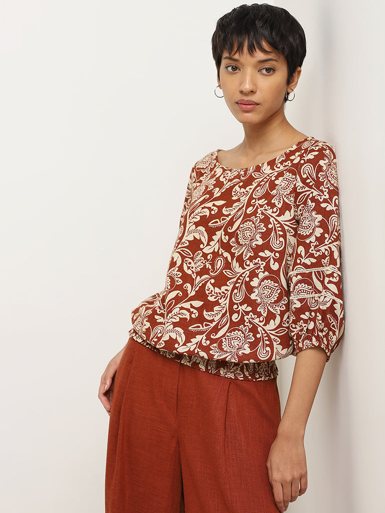 LOV Dark Rust Printed Blended Linen Top