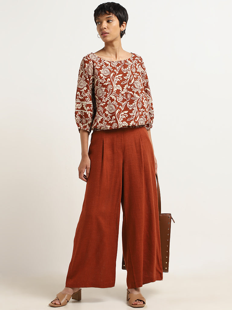 LOV Dark Rust Printed Blended Linen Top