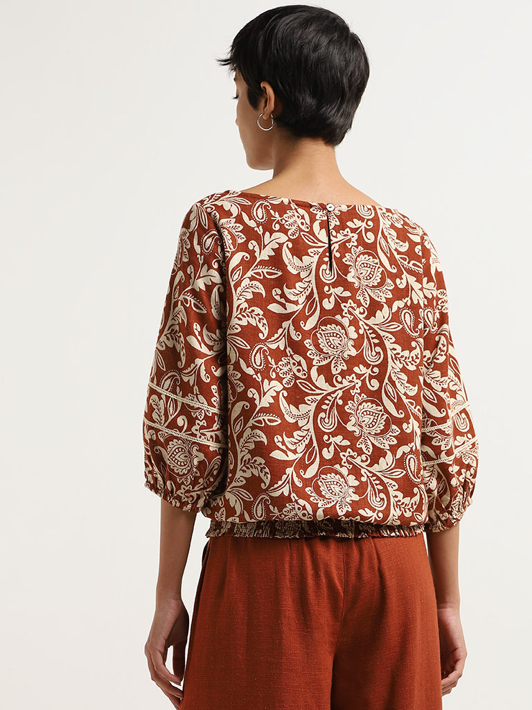 LOV Dark Rust Printed Blended Linen Top