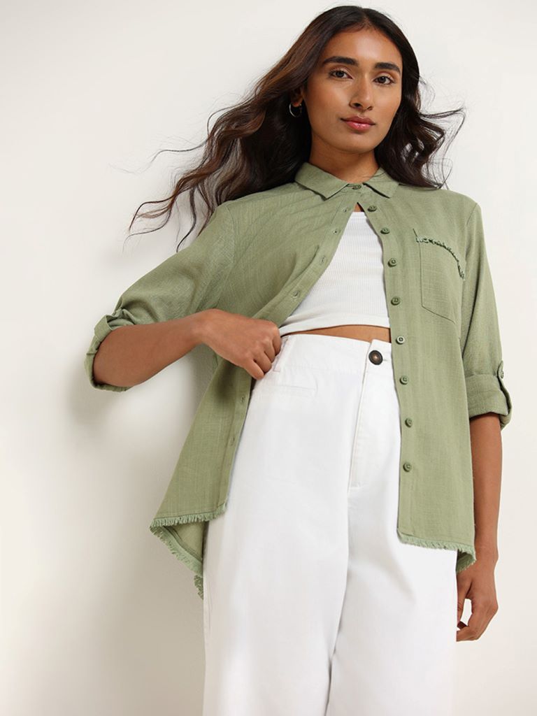 LOV Self-Patterned Green Cotton Shirt