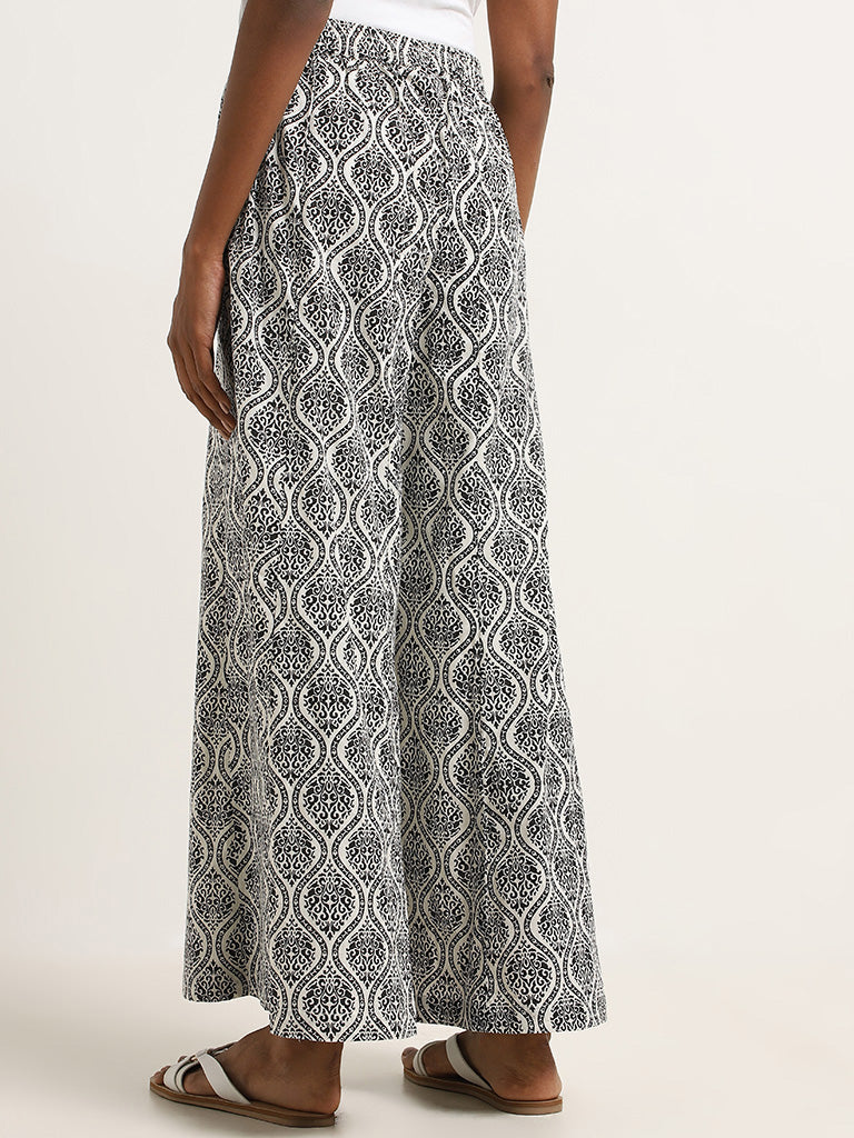 Utsa Black Printed Cotton High-Rise Palazzos