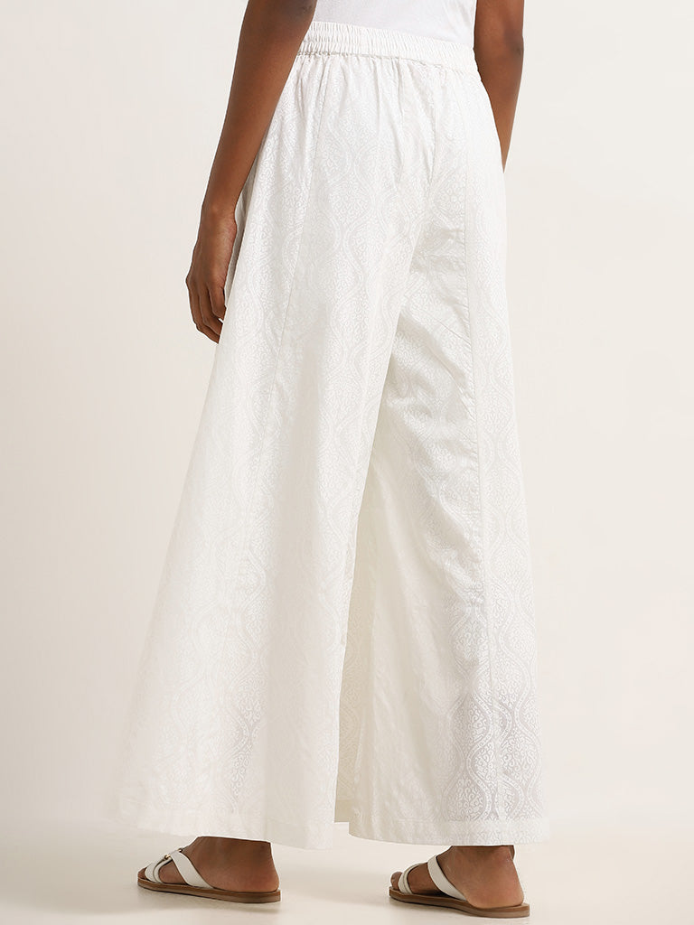 Utsa White Cotton Ribbed High-Rise Palazzos