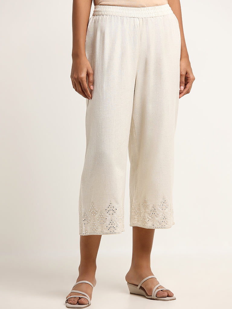 Utsa Off-White Mid-Rise Mirror Embroidered Blended Linen Pants