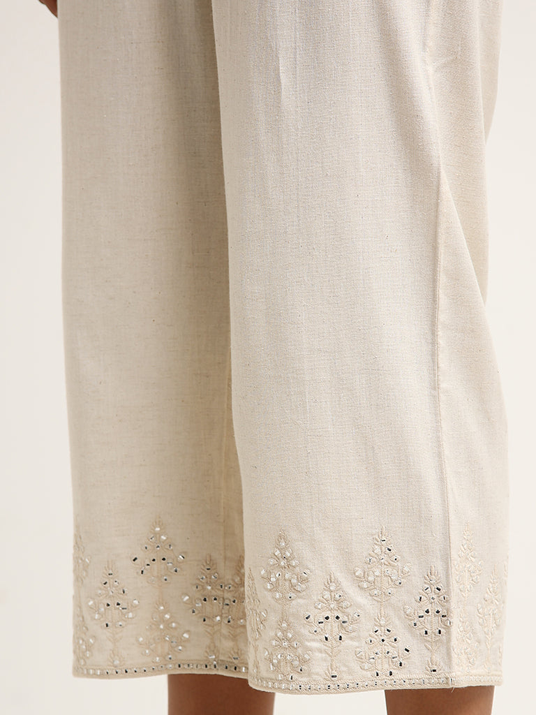 Utsa Off-White Mid-Rise Mirror Embroidered Blended Linen Pants