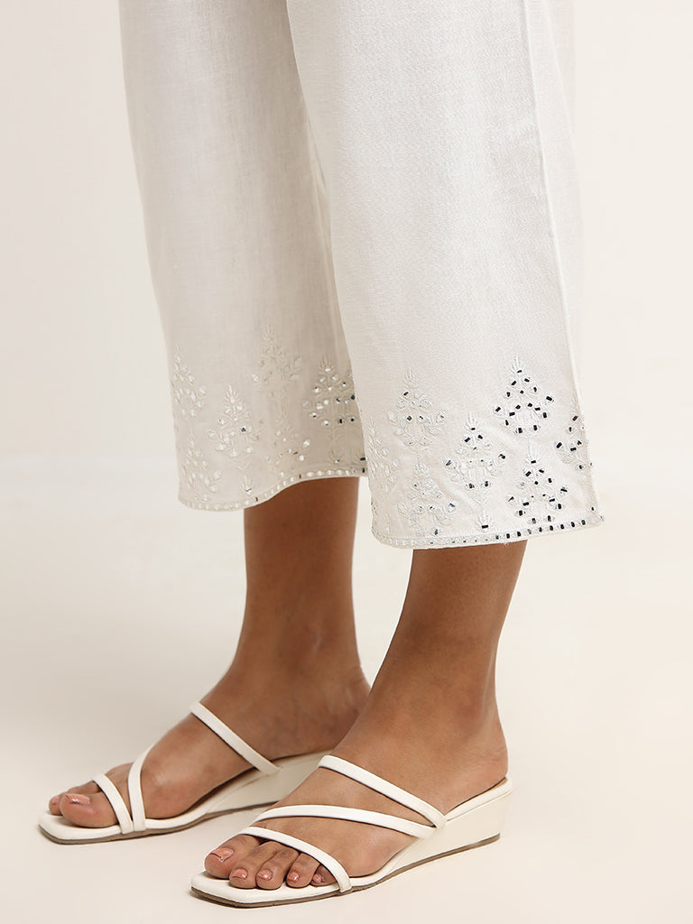 Utsa White Mid-Rise Mirror Embroidered Blended Linen Pants