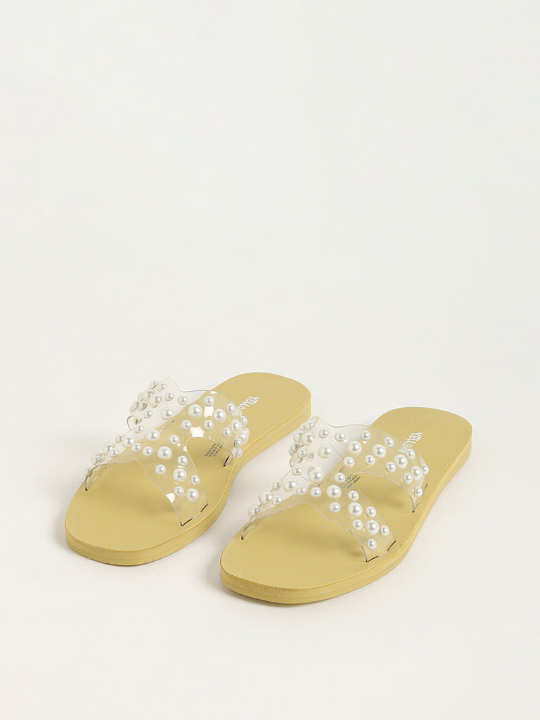 Yellow Kids Yellow Pearl Embellished Sandals