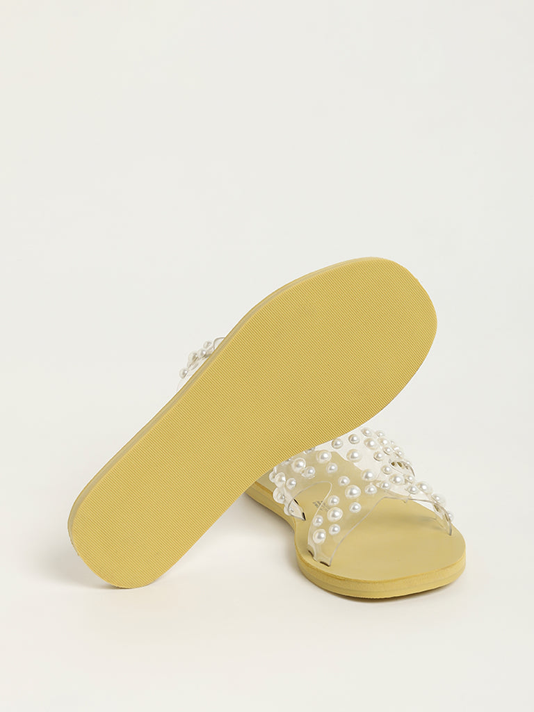 Yellow Kids Yellow Pearl Embellished Sandals