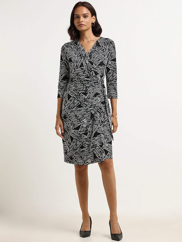 Wardrobe Black Printed Wrap Dress