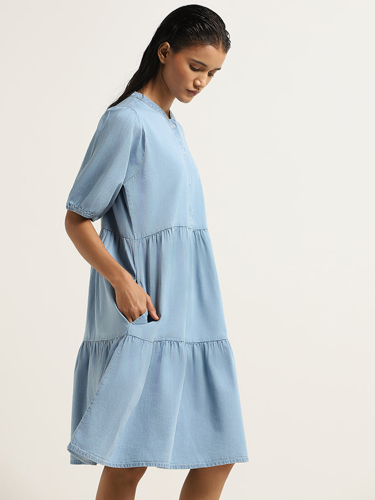 LOV Blue Cotton Tiered Dress