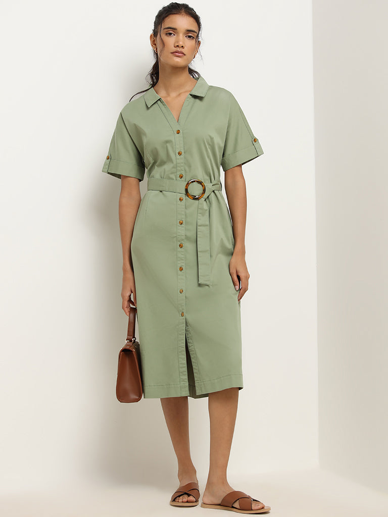 LOV Green Cotton Shirt Dress with Belt