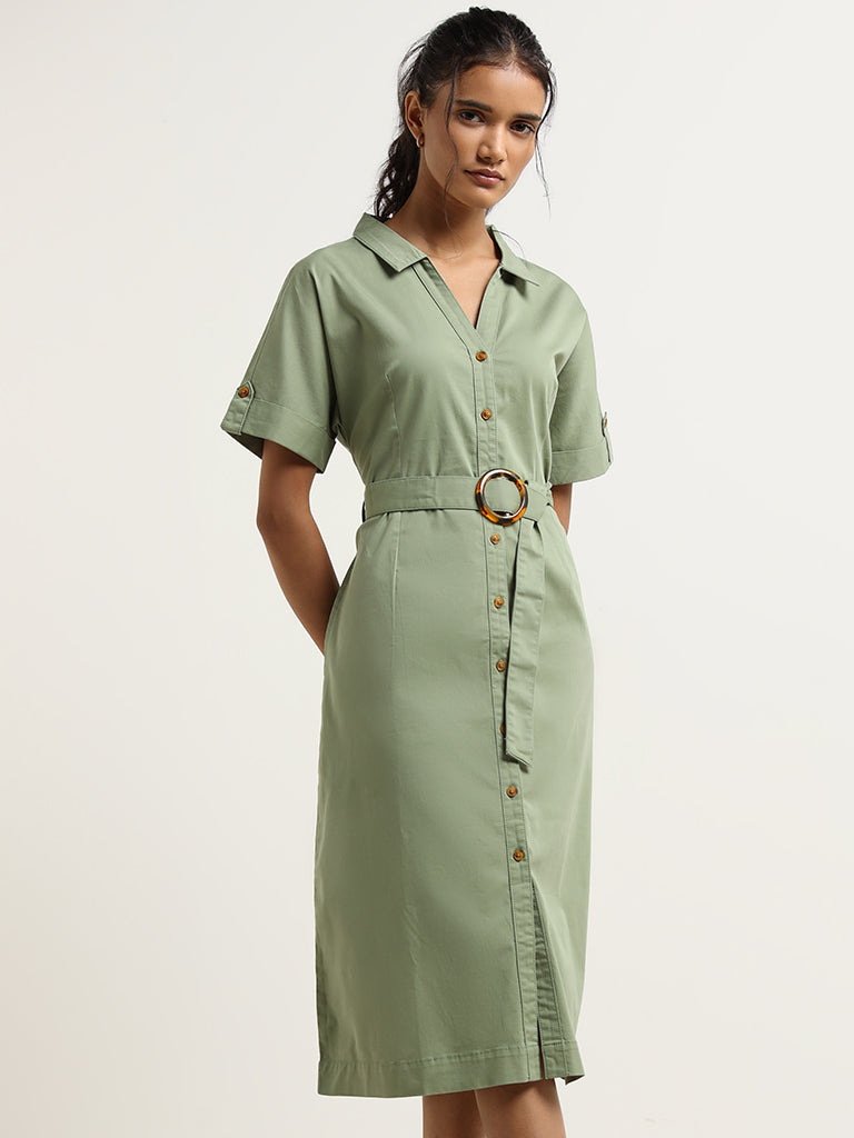 LOV Green Cotton Shirt Dress with Belt