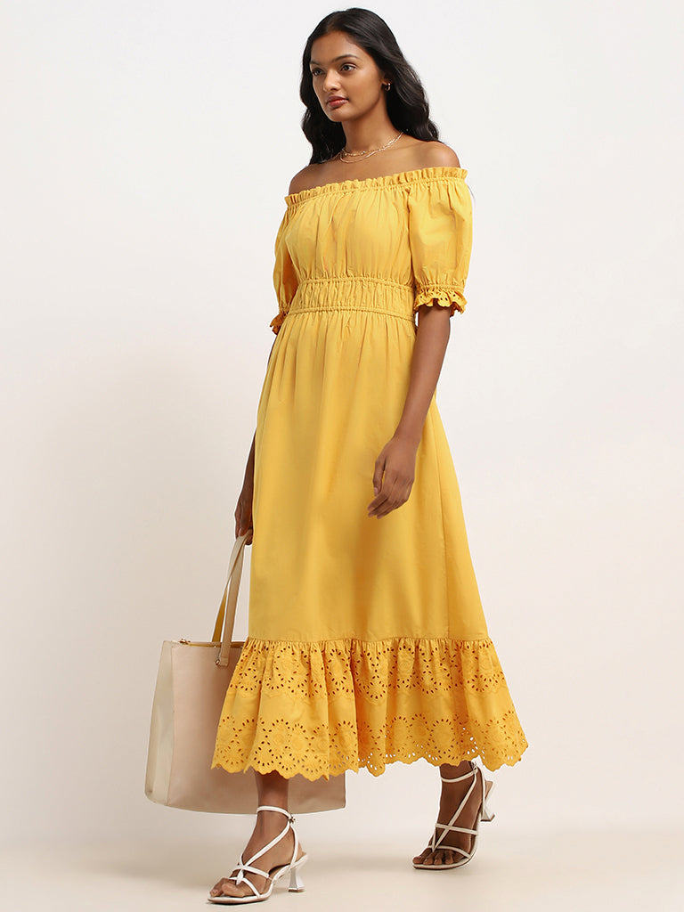 LOV Yellow Schiffli Cotton Off-Shoulder Maxi Dress