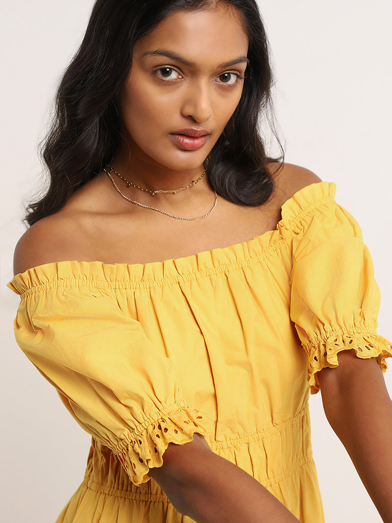 LOV Yellow Schiffli Cotton Off-Shoulder Maxi Dress