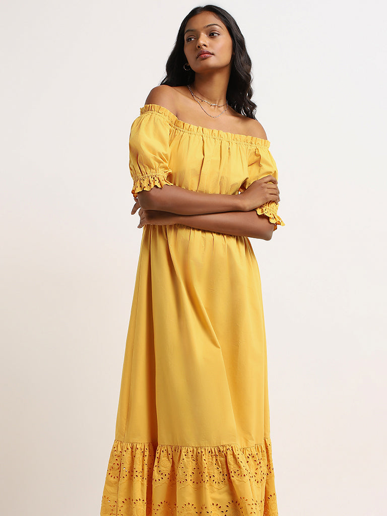 LOV Yellow Schiffli Cotton Off-Shoulder Maxi Dress