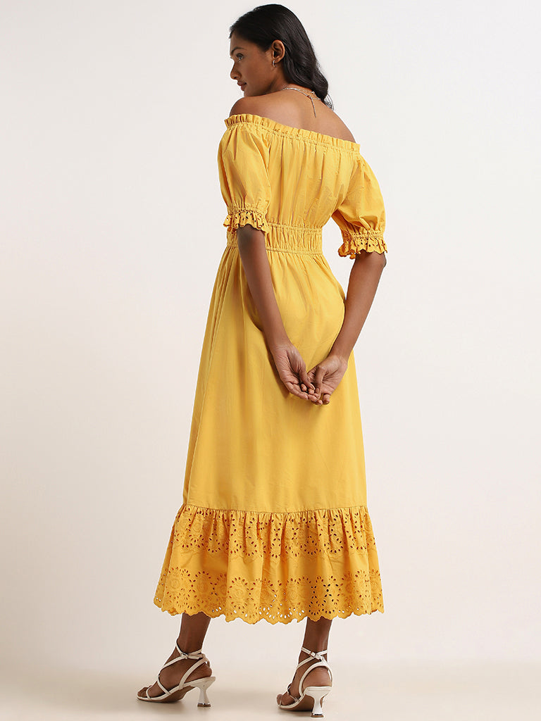 LOV Yellow Schiffli Cotton Off-Shoulder Maxi Dress