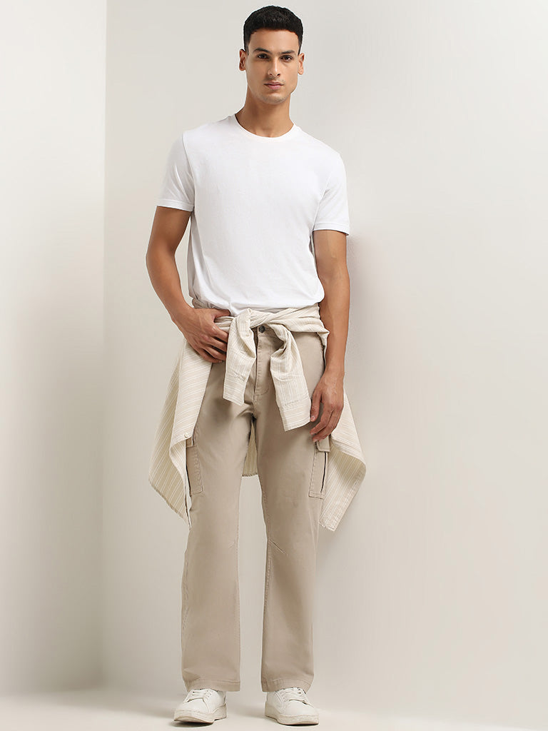 WES Casuals Beige Cotton Blend Cargo-Style Relaxed Fit Pants