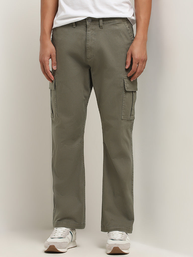 WES Casuals Olive Cotton Blend Cargo-Style Relaxed Fit Pants