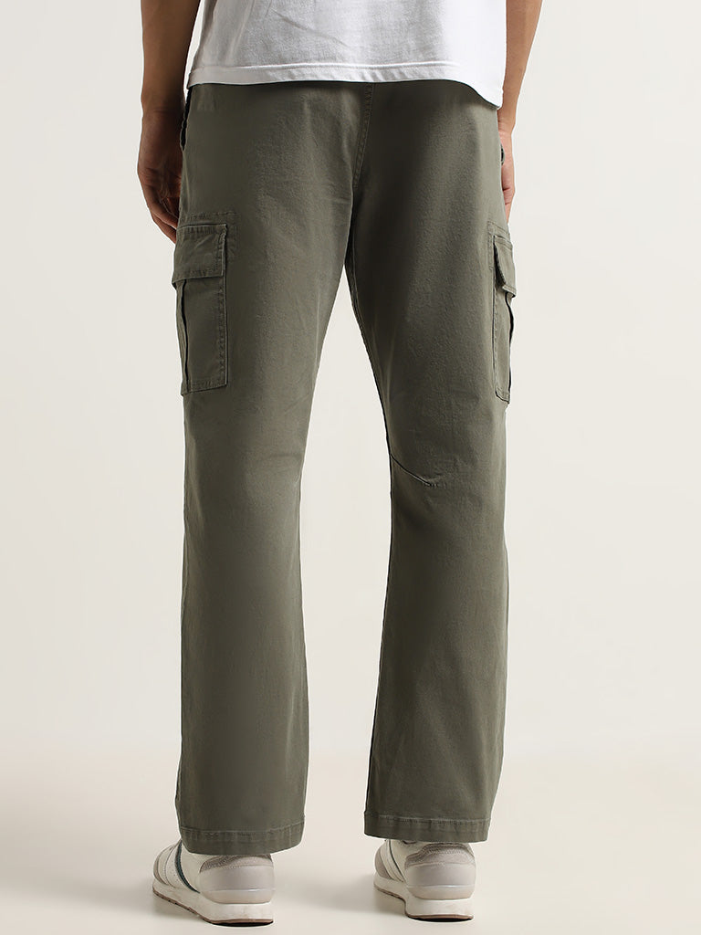 WES Casuals Olive Cotton Blend Cargo-Style Relaxed Fit Pants