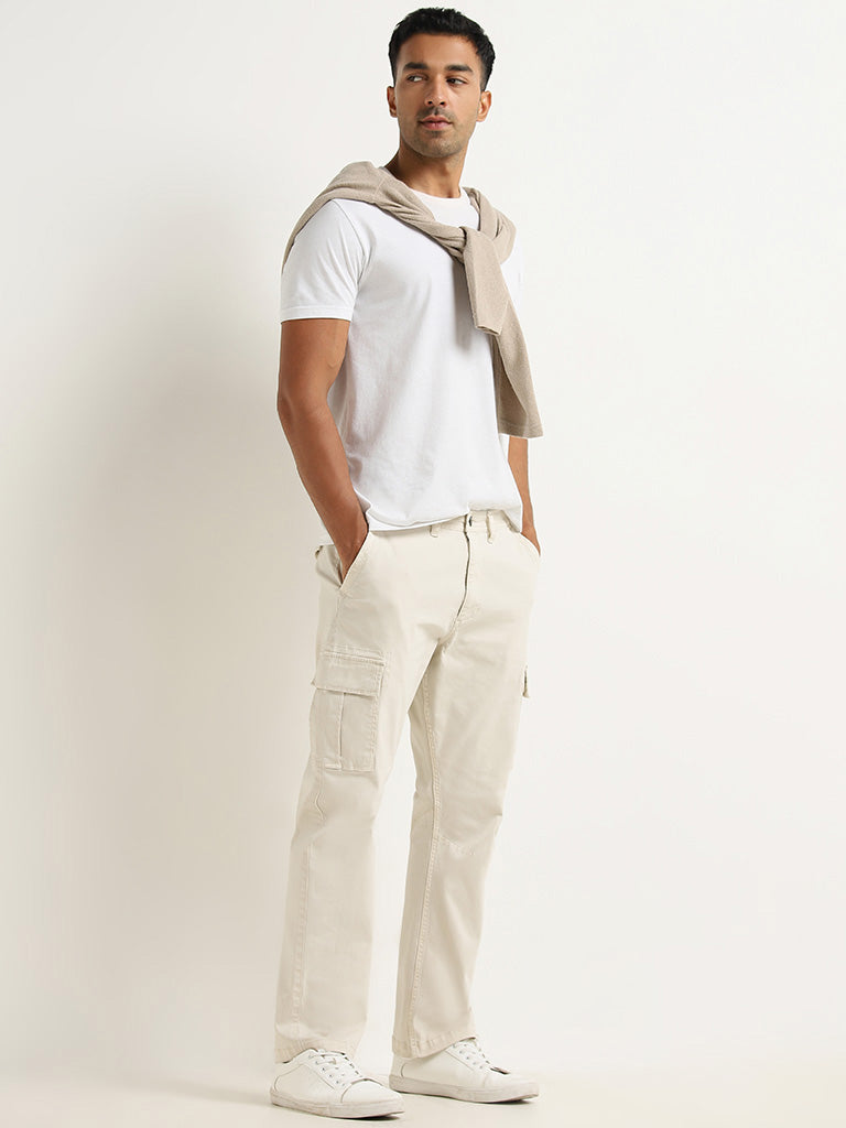 WES Casuals Off-White Cargo-Style Cotton Blend Relaxed Fit Trousers