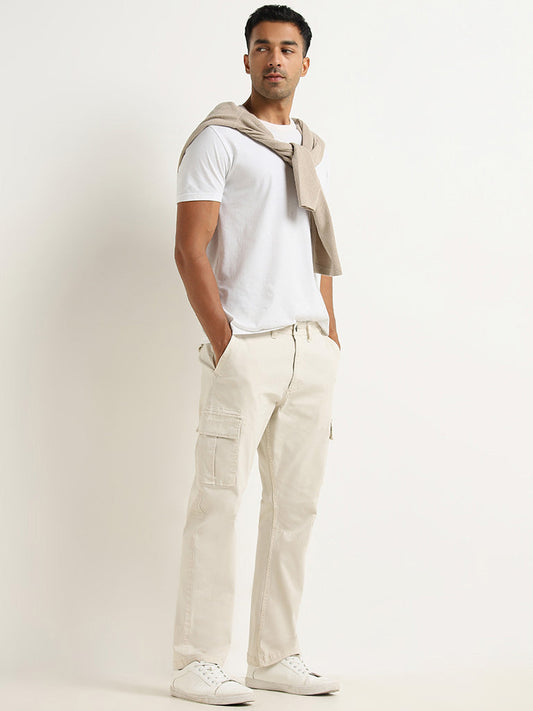 WES Casuals Off-White Cargo-Style Cotton Blend Relaxed Fit Trousers