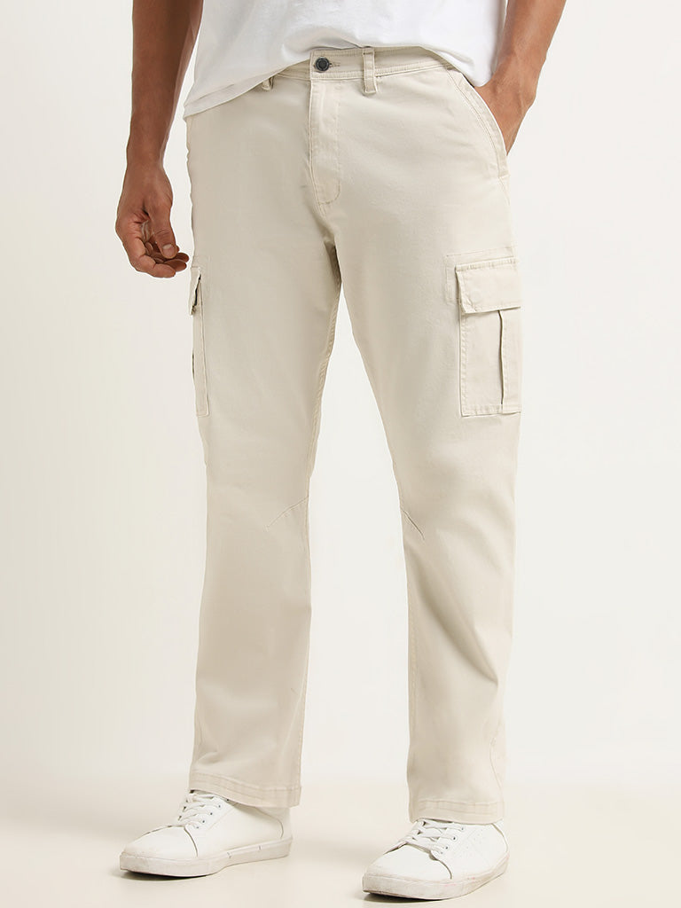 WES Casuals Off-White Cargo-Style Cotton Blend Relaxed Fit Trousers