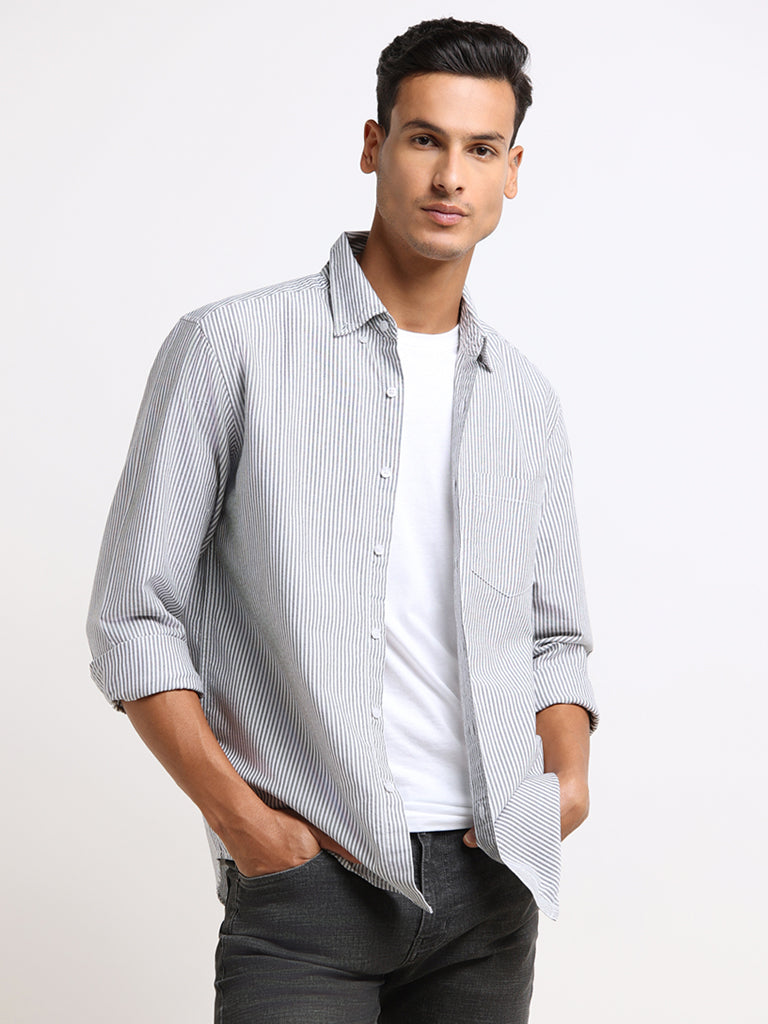 WES Casuals Charcoal Striped Cotton Relaxed Fit Shirt