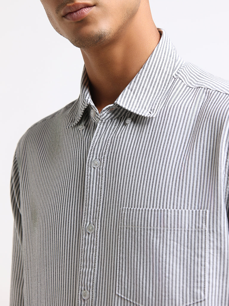 WES Casuals Charcoal Striped Cotton Relaxed Fit Shirt