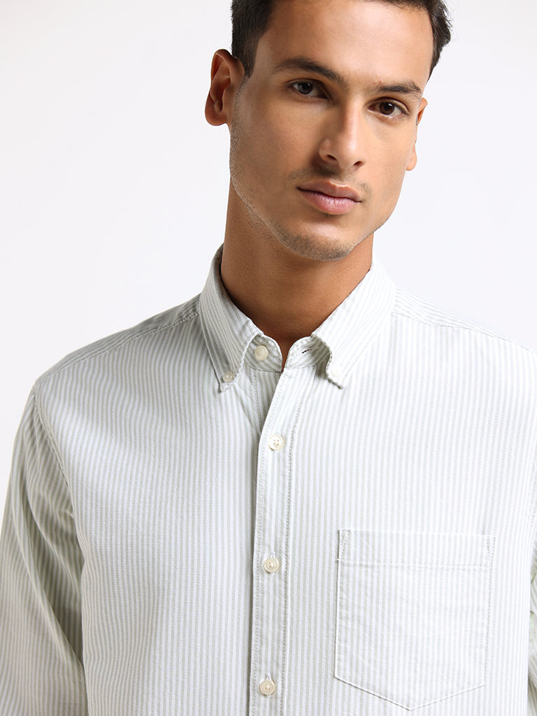 WES Casuals Green Striped Cotton Relaxed Fit Shirt