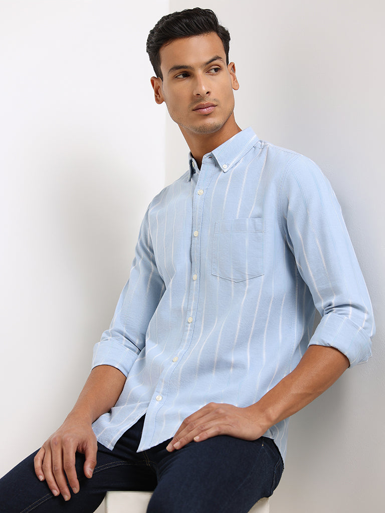 WES Casuals Blue Striped Cotton Slim Fit Shirt