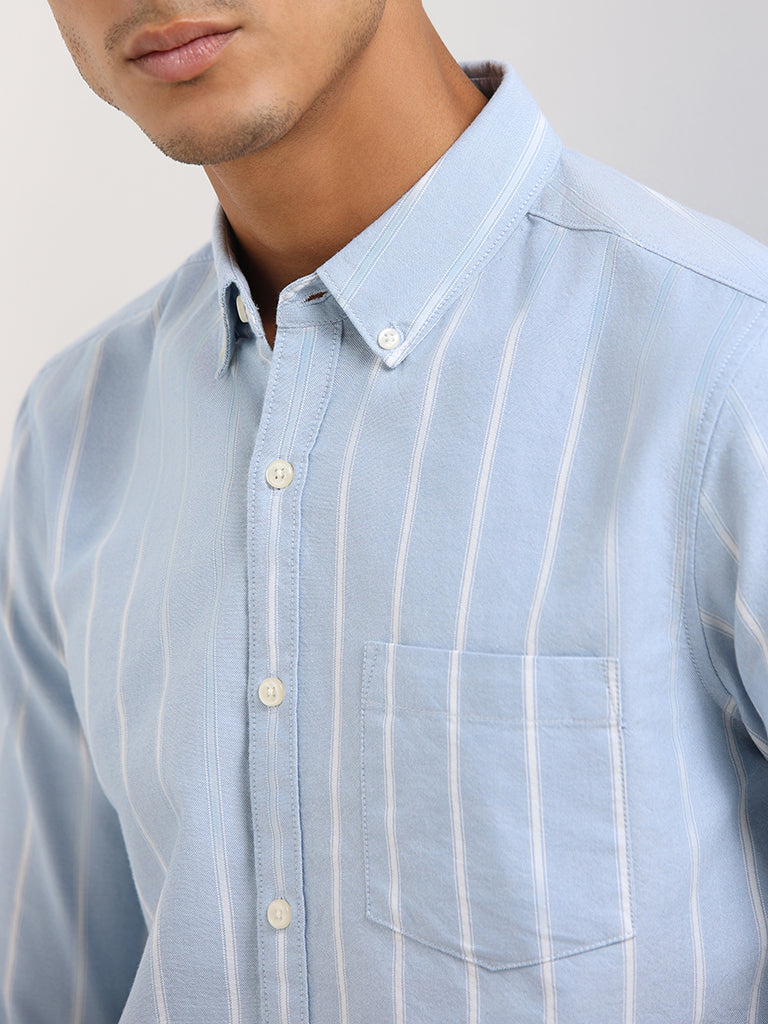 WES Casuals Blue Striped Cotton Slim Fit Shirt