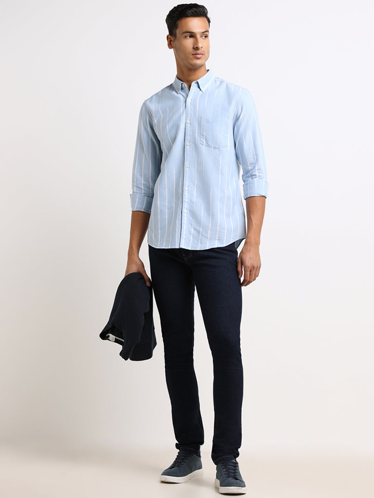 WES Casuals Blue Striped Cotton Slim Fit Shirt