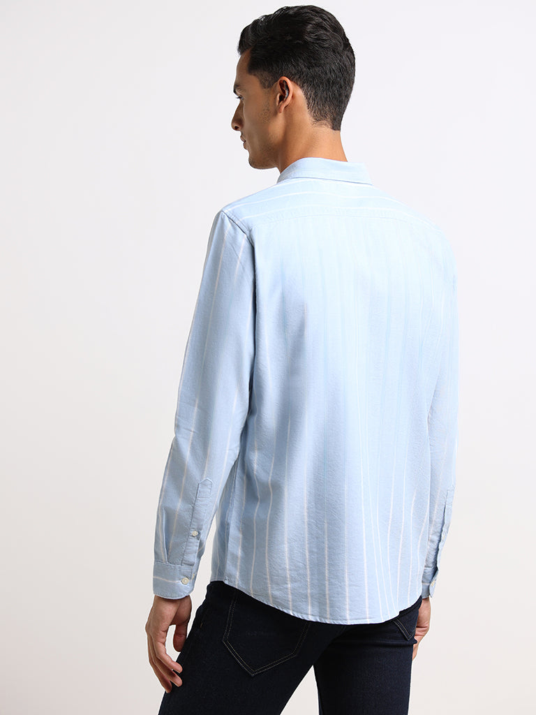 WES Casuals Blue Striped Cotton Slim Fit Shirt