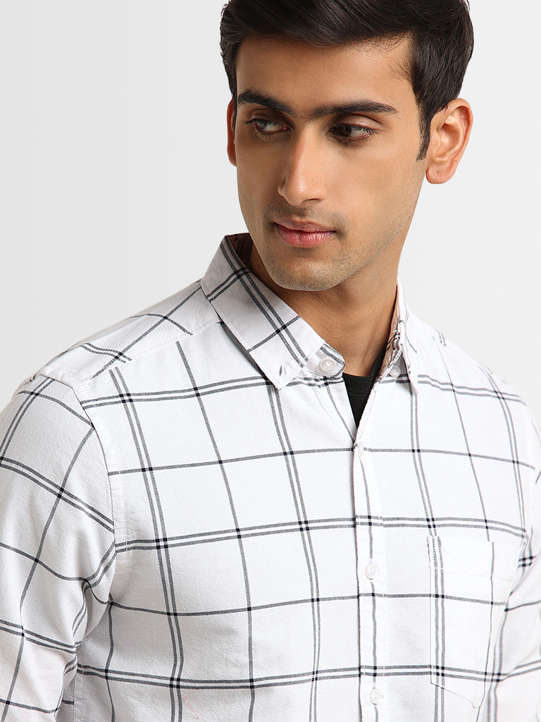 WES Casuals White Checkered Print Cotton Slim Fit Shirt