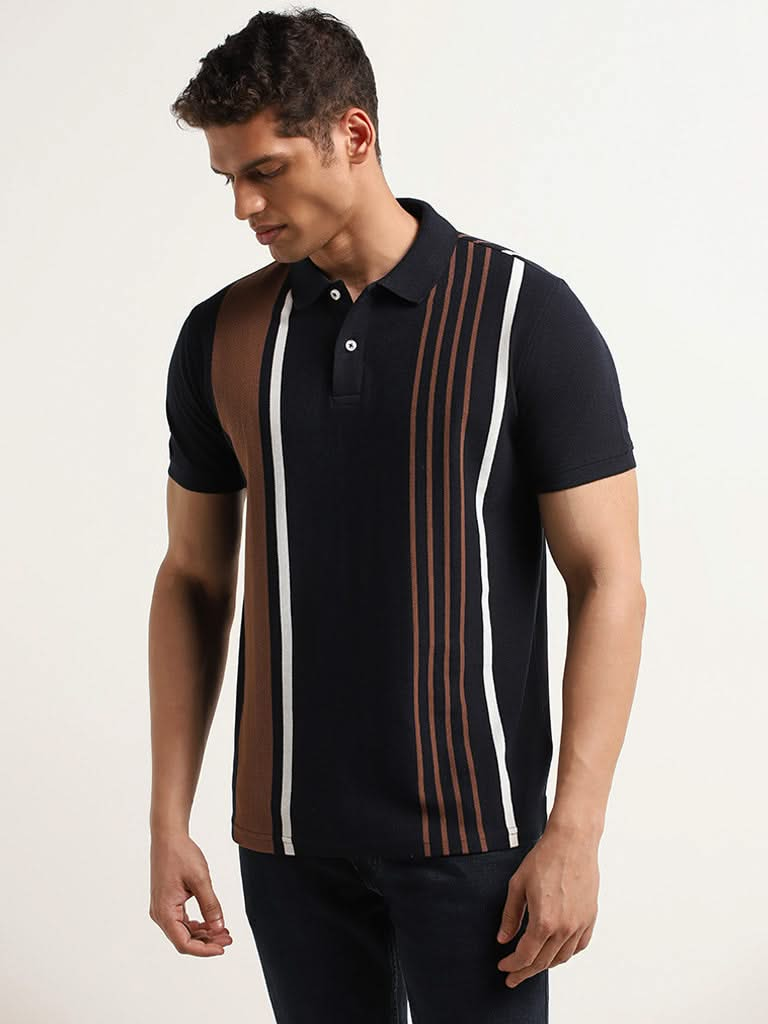 WES Casuals Navy Striped Cotton Blend Slim Fit Polo T-Shirt